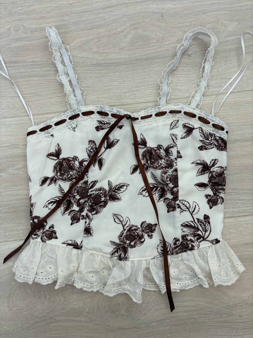 Flattering Corset Style Cami with Brown Floral Print and Brown Ribbon Straps